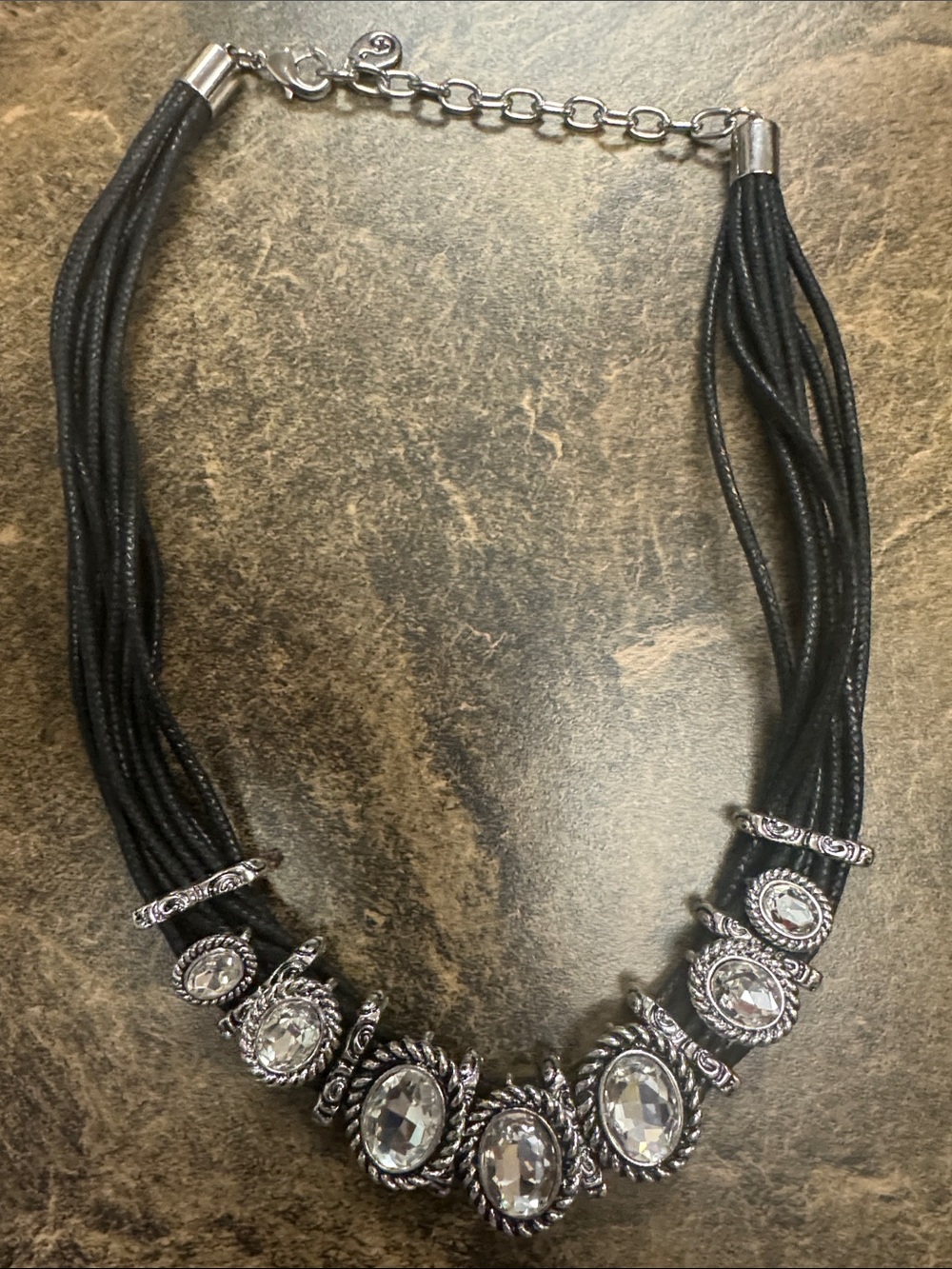 Black Multi-Strand Cord Rhinestone Statement Necklace - Picture 5 of 6